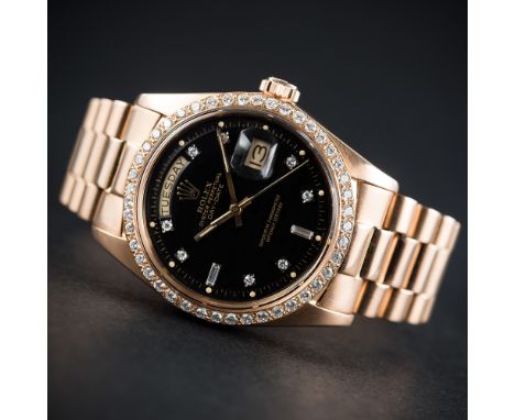 A FINE &amp; RARE GENTLEMAN'S 18K SOLID PINK GOLD ROLEX OYSTER PERPETUAL DAY DATE BRACELET WATCH CIRCA 1970, REF. 1803
D: Bla