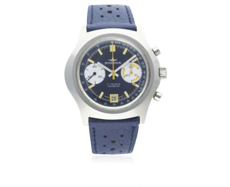 A GENTLEMAN'S STAINLESS STEEL DUGENA CHRONOGRAPH WRIST WATCH CIRCA 1970s
D: Blue &amp; grey dial with luminous markers, two w