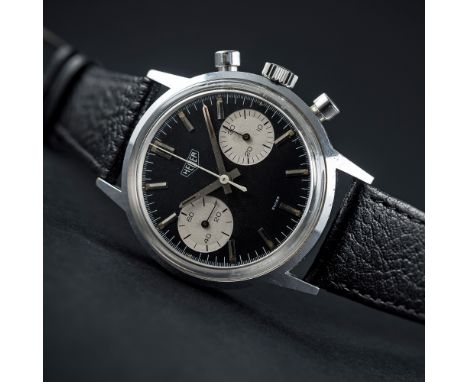 A RARE GENTLEMAN'S HEUER CHRONOGRAPH WRIST WATCH CIRCA 1960s, REF. 7721 WITH "REVERSE PANDA" DIAL
D: Black dial with part lum