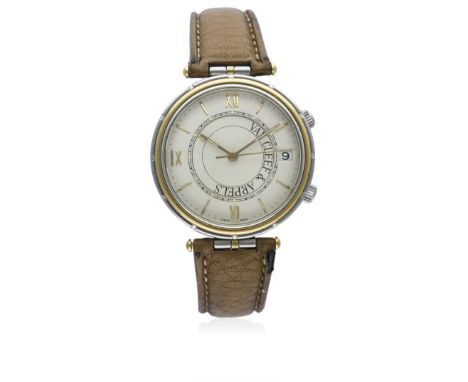 A RARE GENTLEMAN'S STEEL &amp; GOLD VAN CLEEF &amp; ARPELS MEMENTO ALARM WRIST WATCH DATED 1989, REF. 43981 MADE BY JAEGER LE