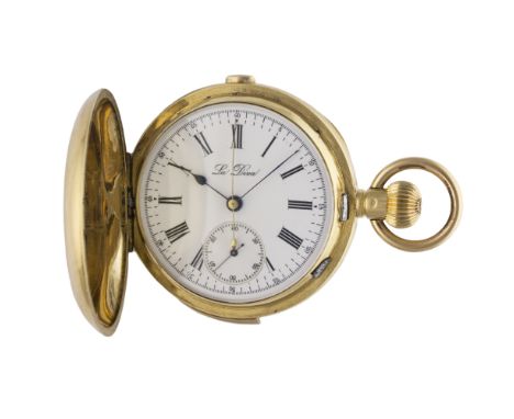 A GENTLEMAN'S 18K SOLID GOLD FULL HUNTER QUARTER REPEATER CHRONOGRAPH POCKET WATCH CIRCA 1900&nbsp;
D: White enamel dial with