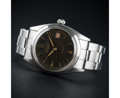 A RARE GENTLEMAN'S STAINLESS STEEL ROLEX OYSTERDATE PRECISION BRACELET WATCH CIRCA 1956, REF. 6494 WITH "TROPICAL HONEYCOMB" 