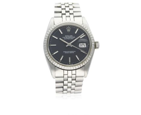 A GENTLEMAN'S STAINLESS STEEL ROLEX OYSTER PERPETUAL DATEJUST BRACELET WATCH CIRCA 1974, REF. 1603
D: Matt black dial with si