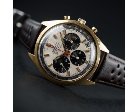 A RARE GENTLEMAN'S 18K SOLID GOLD ZENITH EL PRIMERO AUTOMATIC CHRONOGRAPH WRIST WATCH CIRCA 1970, REF. 582
D: Silver dial wit