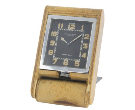 A LECOULTRE EIGHT DAY TRAVEL CLOCK CIRCA 1930s, RETAILED BY FORTNUM &amp; MASON LONDON&nbsp;
D: Black dial with luminous Arab