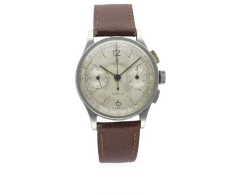 A GENTLEMAN'S STAINLESS STEEL UNIVERSAL GENEVE COMPUR CHRONOGRAPH WRIST WATCH CIRCA 1940s, REF. 5160
D: Silver dial with blac