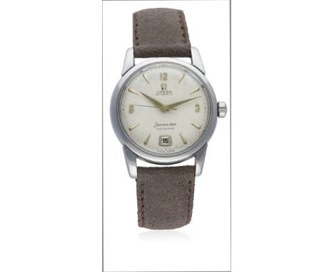 A GENTLEMAN'S STAINLESS STEEL OMEGA SEAMASTER CALENDAR WRIST WATCH CIRCA 1954, REF. 2757-6 SC
D: Silver "honeycomb" dial with