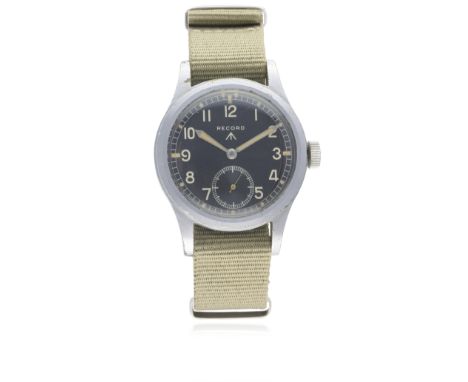 A GENTLEMAN'S BRITISH MILITARY RECORD W.W.W.&nbsp;WRIST WATCH CIRCA 1940s 
D: Black dial with Arabic numerals, luminous marke