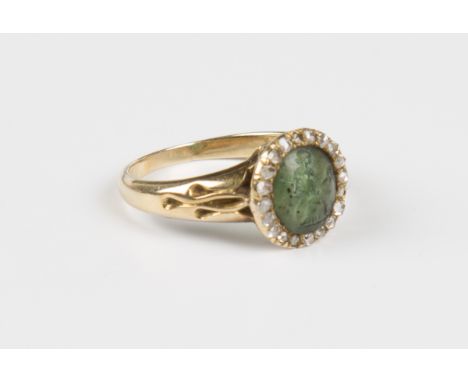 A gold, rose cut diamond and carved green agate intaglio ring, second half of the 19th century, the intaglio carved as a seat