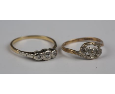 A gold and diamond three stone ring, mounted with circular cut diamonds, weight 2.3g, ring size approx O, and a 9ct gold, pla