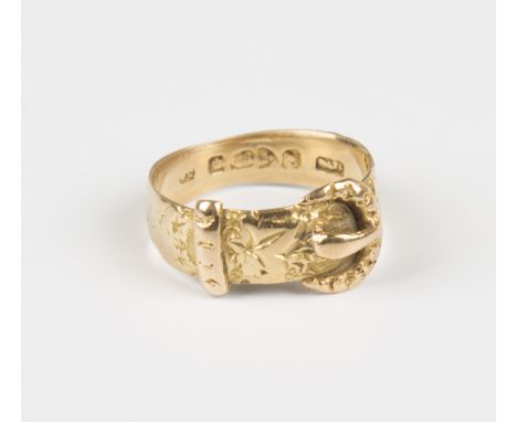 An 18ct gold ring in a buckle and strap design, Chester 1912, weight 4.2g, ring size approx O.Buyer’s Premium 29.4% (includin