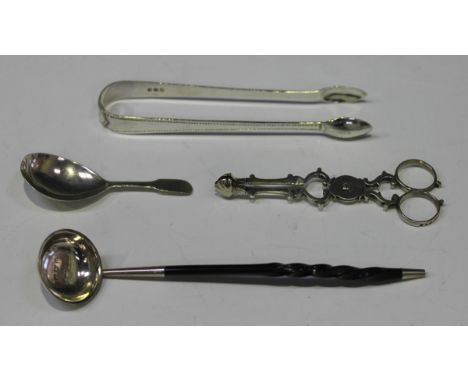 A William IV silver toddy ladle with twisted whalebone handle, Exeter 1836 by William Woodman, length 19.5cm, a pair of silve