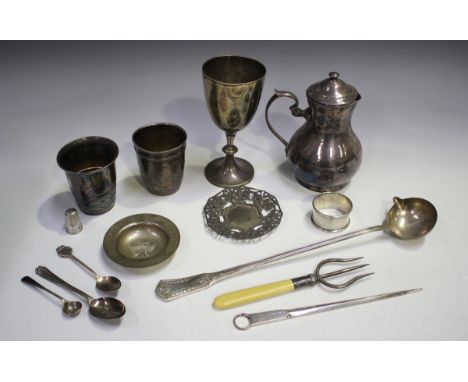 Two French silver beakers, one with ribbon and reeded decoration, the other of tapered form, both heights 7.3cm, a .830 silve