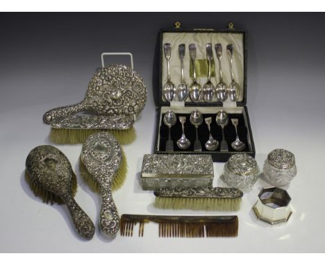 A set of nine silver Fiddle pattern teaspoons, Sheffield 1900, 1904 and 1905 by John Round &amp; Son Ltd, three other matched