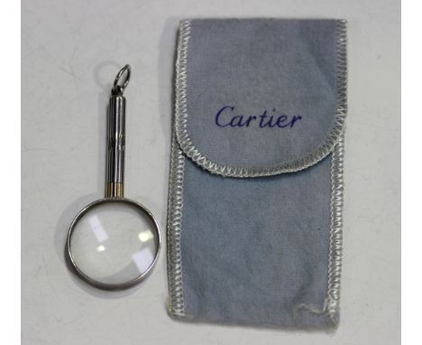 A Cartier Italy .925 silver mounted pocket magnifying glass with reeded handle and suspension ring, total length 7.7cm, with 