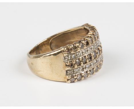 A 9ct gold, champagne diamond and diamond ring, mounted with three rows of champagne coloured diamonds alternating with two r