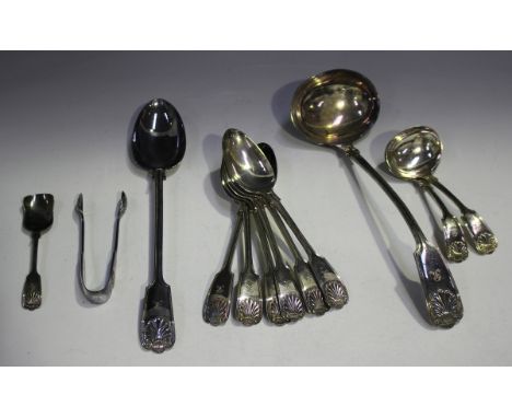 A part canteen of plated Fiddle, Thread and Shell pattern cutlery, comprising six serving spoons, twelve table forks and eigh