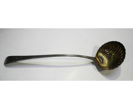 A George III silver bright cut beaded Old English pattern soup ladle with scallop shell bowl, London 1778 by George Smith III