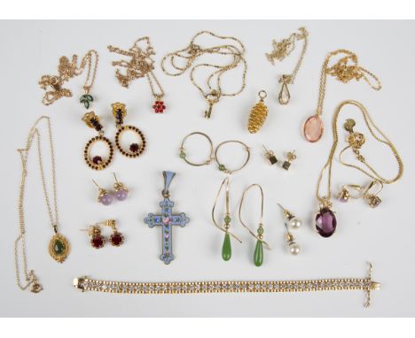 A group of jewellery, including some silver, various costume rings, pairs of earrings, an enamelled pendant cross, pendants, 