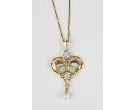 A gold, opal, diamond and cultured pearl pendant in a pierced Art Nouveau inspired design, weight 4.1g, length 4.5cm, on a 9c