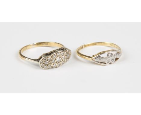 A gold and diamond ring in a triple cluster design, detailed '18ct', weight 3.1g, ring size approx P1/2, and a gold, platinum