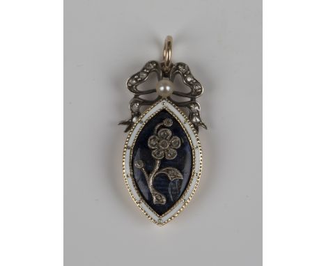 An early 19th century gold, enamel, diamond and seed pearl pendant of elliptical form, mounted with a rose cut diamond set fl