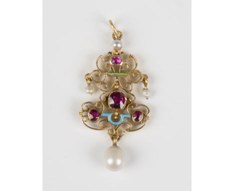 A gold, ruby enamelled and cultured pearl pendant, possibly Austro-Hungarian, in a scrolling design, mounted with the princip