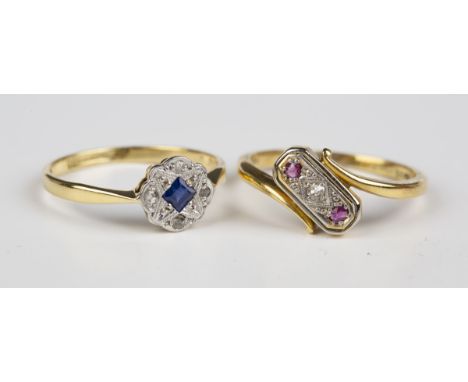 A gold, platinum, sapphire and diamond cluster ring, mounted with a square cut sapphire to the centre, detailed '18ct &amp; P