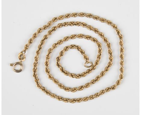 A 9ct gold ropetwist link neckchain on a boltring clasp, detailed '9K', weight 7.4g, length 40cm.Buyer’s Premium 29.4% (inclu