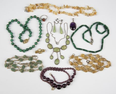 A malachite spherical bead necklace, length 46cm, a malachite baton shaped and spherical bead necklace, two varicoloured citr