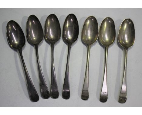 A set of three George III silver Old English pattern tablespoons, London 1770 by John Lampfert, and a set of four silver Old 