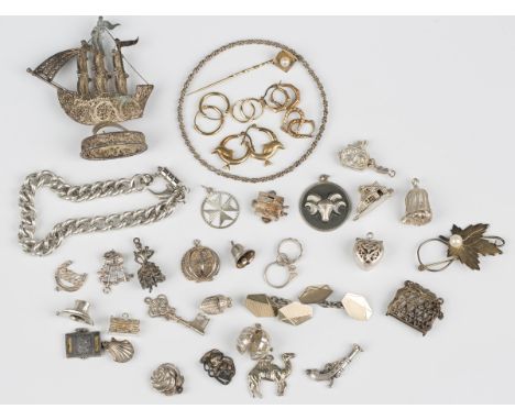 A 9ct gold and cultured pearl stickpin, five pairs of gold earrings and a group of mostly silver jewellery, comprising a curb