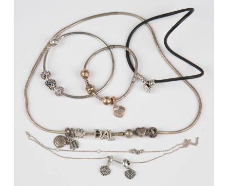 A collection of Pandora silver jewellery, comprising a necklace with sliding charms, a bracelet, a bangle, another necklace a