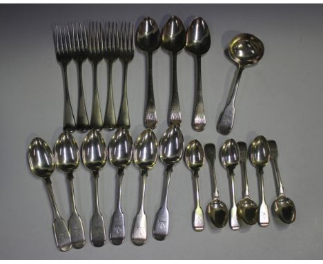 Three George III silver bright cut Old English pattern tablespoons, London 1779 by Hester Bateman, a set of six silver Fiddle