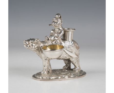 A rare Victorian silver novelty smoker's companion, finely cast and modelled as a monkey riding a bear supporting two circula