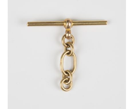 A gold T-bar fitting from a watch Albert chain, detailed '18ct', fitted to a short length of chain, total weight 7g, total le