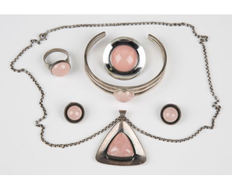 A silver and rose quartz group of jewellery by N.E. From, comprising a bangle, detailed 'Sterling Denmark N.E. From 925 S', a