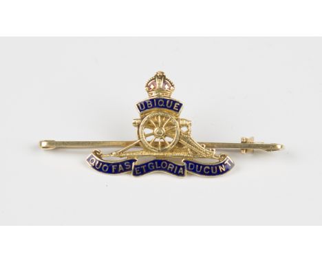 A gold and enamelled military sweetheart brooch, designed as the badge of the Royal Artillery, detailed '15ct', weight 5.3g, 