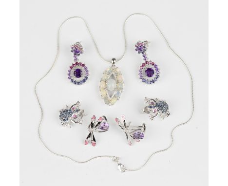 A small group of silver and variously coloured gemstone set jewellery, comprising an opal oval pendant with a Brazil link nec