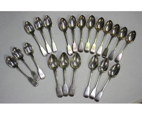 A group of silver Fiddle pattern teaspoons, including a set of three, London 1820 by Thomas &amp; George Hayter, another set 