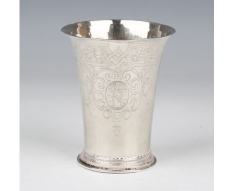 A Dutch silver beaker, probably 17th century, of tapering cylindrical form with flared rim, the body engraved with a band of 