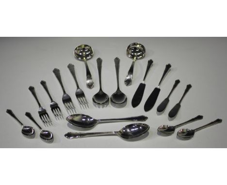 A part canteen of plated Dubarry pattern cutlery, comprising twelve table forks, twelve dessert forks and spoons, twelve soup