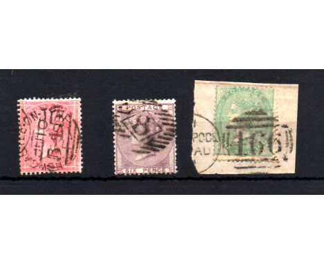 GB 1885 No corner letters, first issues surface printed light used trio: 4d rose carmine (large Garter); 6d pale lilac; 1/- g