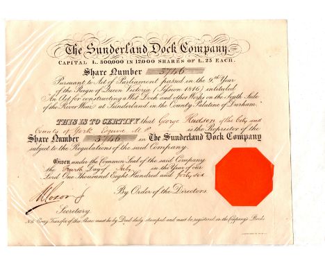  Share, The Sunderland Dock Company share certificate 1846 
