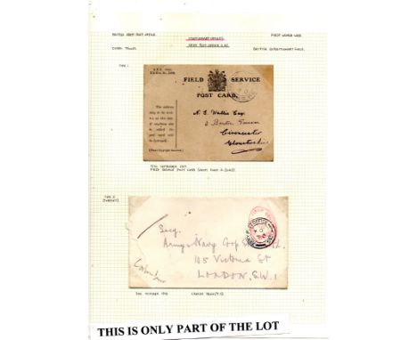 Written up collection on leaves of WW1 stationary post offices, APO numbers between S62-94, ( not complete and some duplicate