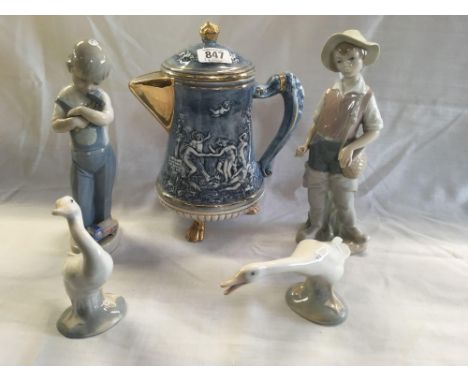 2 LLADRO FIGURES OF BOY &amp; A GIRL, 2 PIECE &amp; A LIDDED JUG MARKED R CAPODIMONTE, ITALY