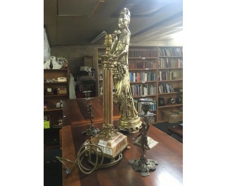 ONYX PILLAR TABLE LAMP, AN ORIENTAL FIGURE &amp; CANDLE HOLDERS