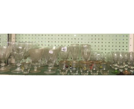 SHELF OF GLASSWARE WITH SHERRY GLASSES ETC