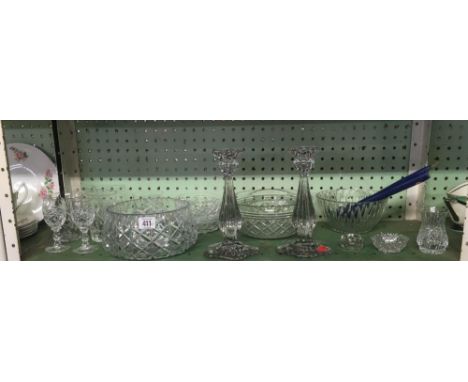 SHELF OF GLASSWARE, CANDLESTICKS, BOWLS ETC