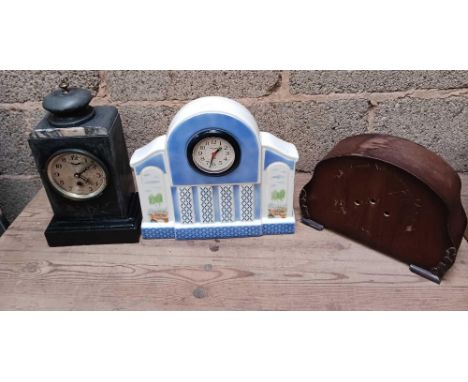 CARTON WITH 3 CLOCKS, MARBLE, CERAMIC &amp; WOOD, NOT KNOWN IF WORKING